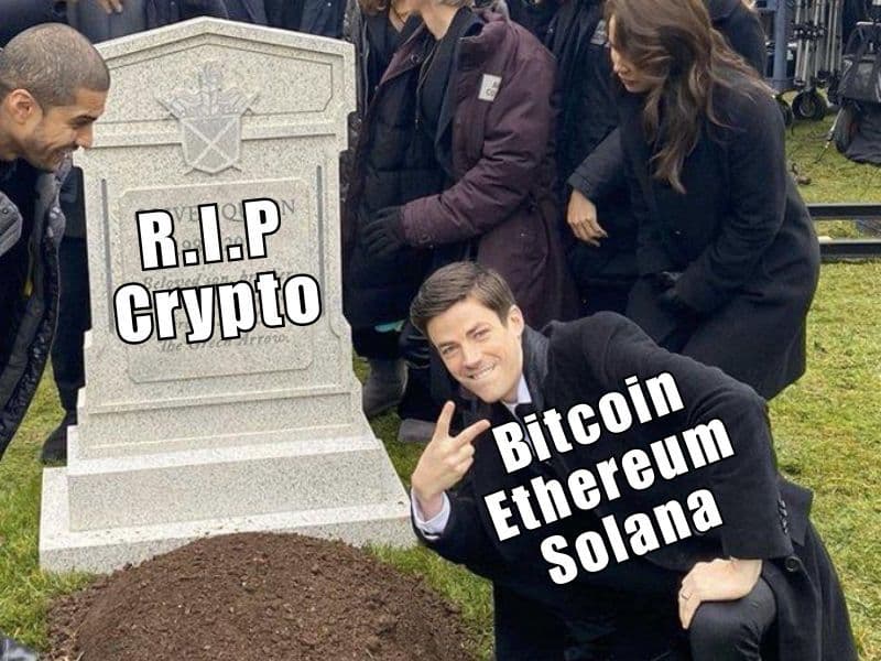 A fake grave marked RIP Crypto while Bitcoin, Ethereum and Solana pose beside the tombstone