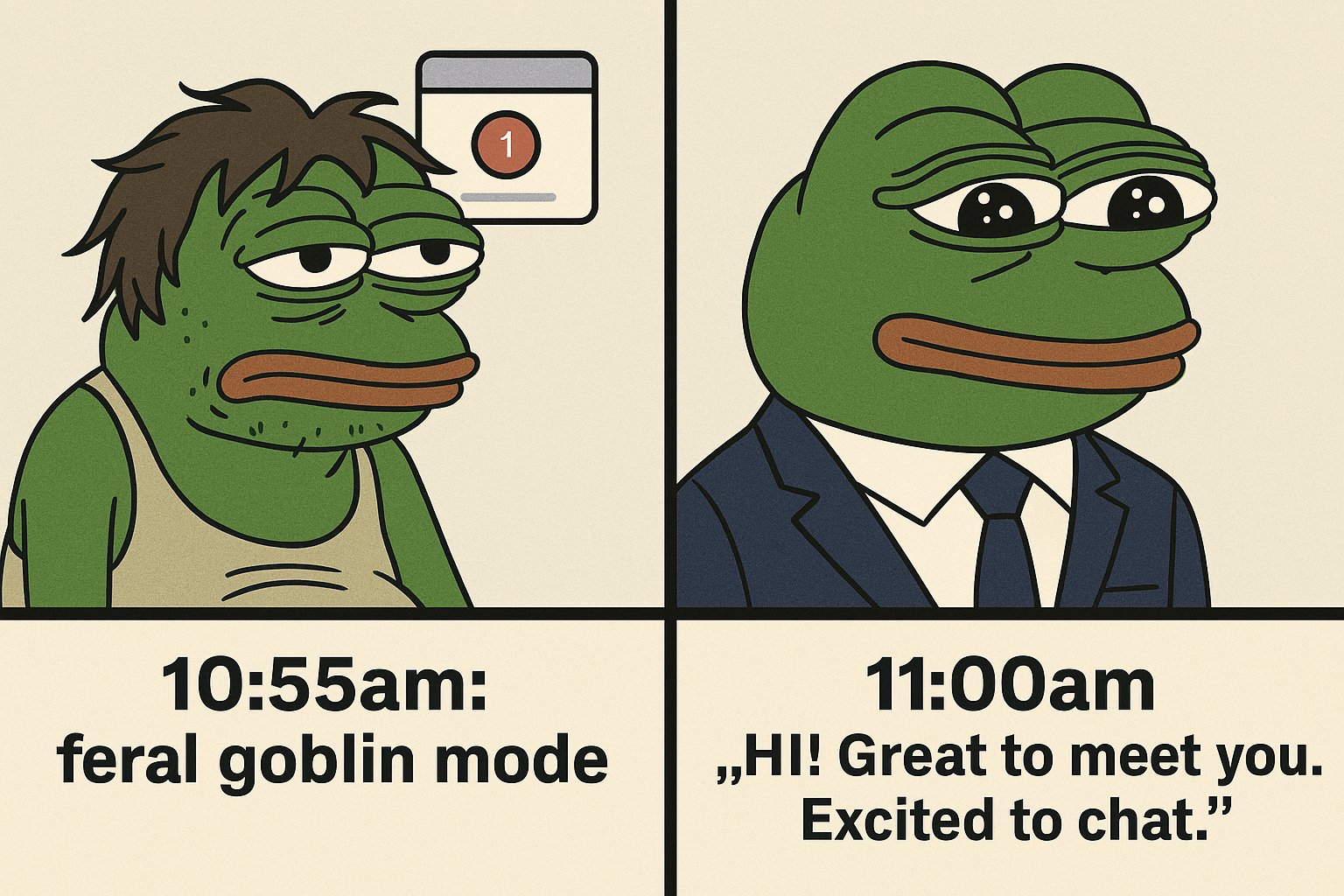 Pepe the Frog, disheveled to suited, captioned 'feral goblin mode' to 'HI! Great to meet you. Tips For A Video Interview..png