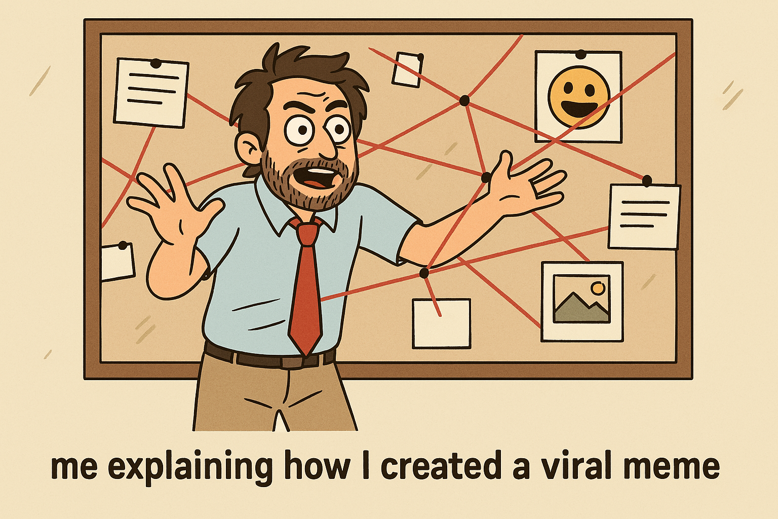 Person with conspiracy board, captioned 'me explaining how I created a viral meme. Tips For A Video Interview..png