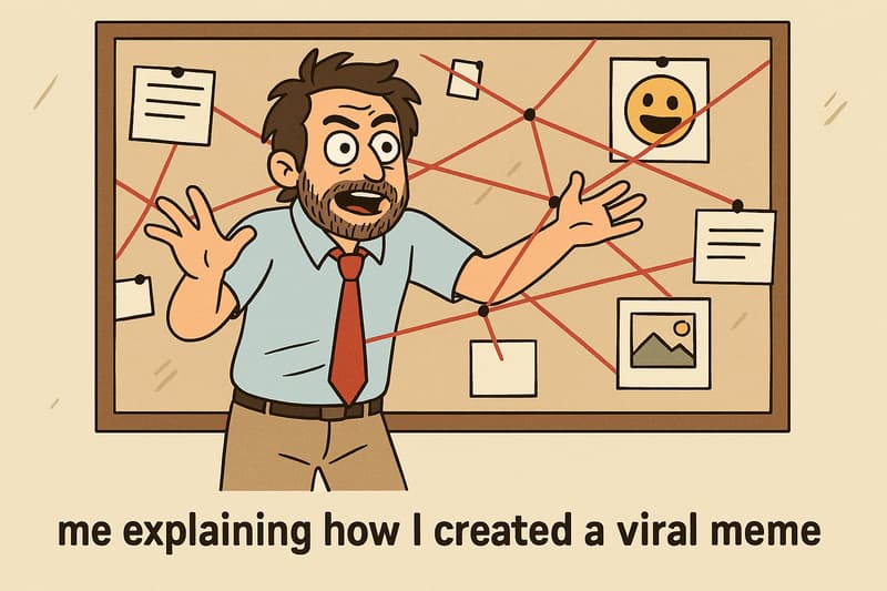 Person with conspiracy board, captioned 'me explaining how I created a viral meme. Tips For A Video Interview..png