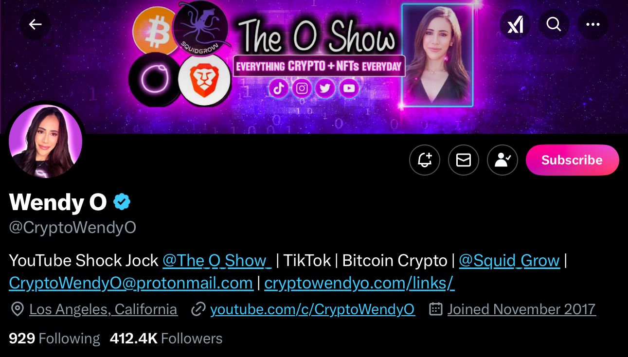 Crypto Wendy's crypto profile on X