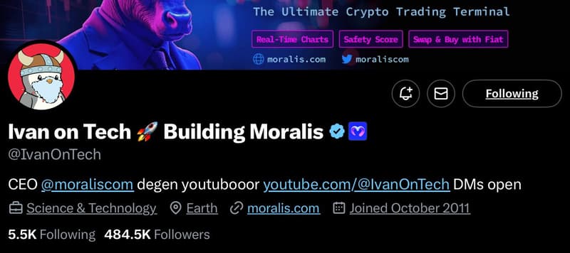 Ivan on Tech's crypto profile on X