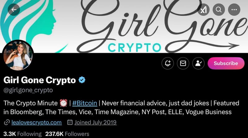 Girl Gone Crypto' crypto profile on X