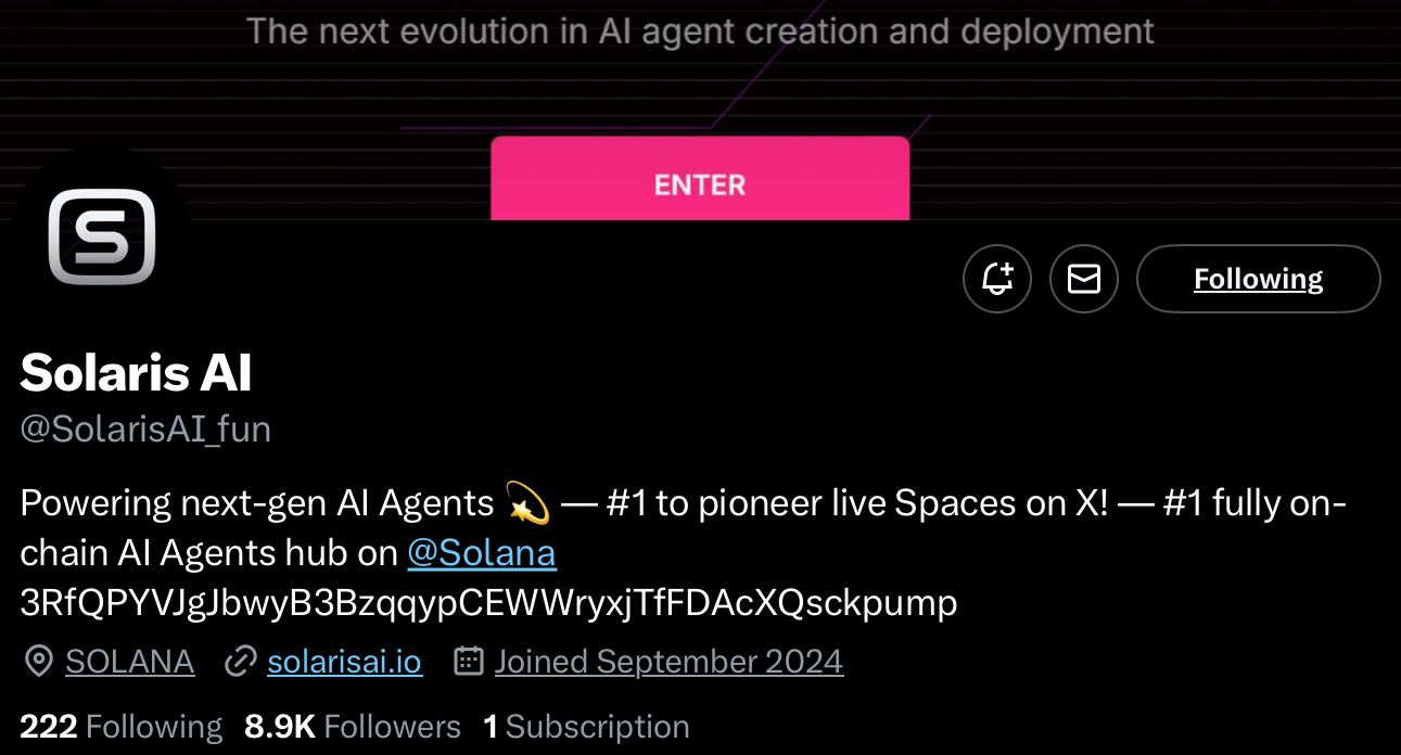 solaris ai crypto ai agent profile on x