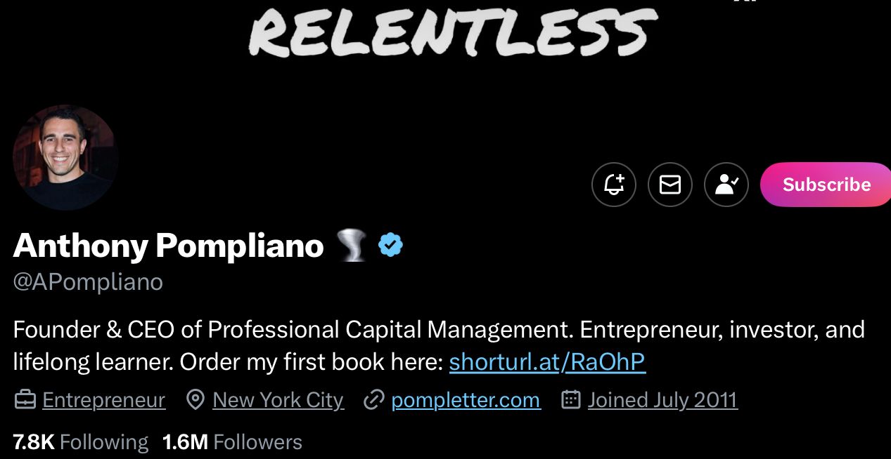 Anthony Pompliano's crypto profile on X