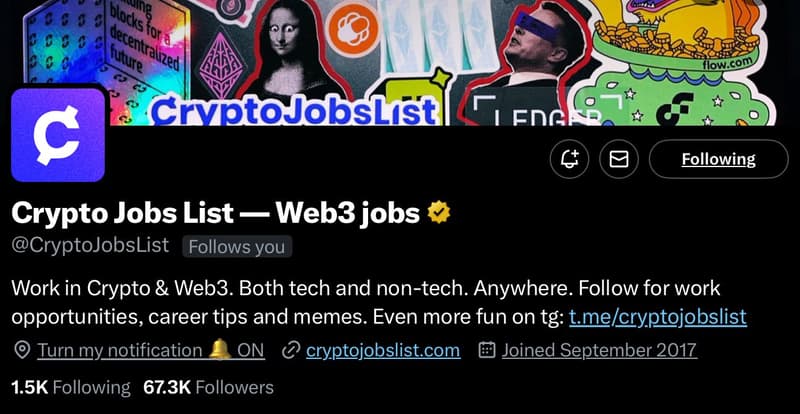 CryptoJobsList's crypto profile on X