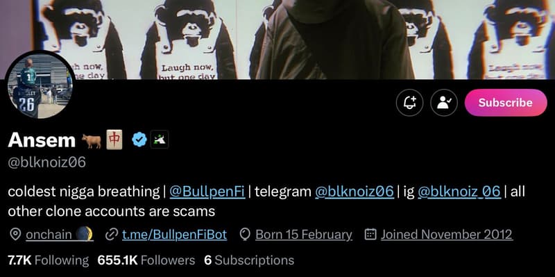 Ansem's crypto profile on X